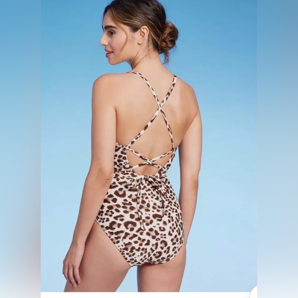 Kona Sol Large 1 Piece Leopard Animal Print Moderate Coverage Tie Back Swimsuit